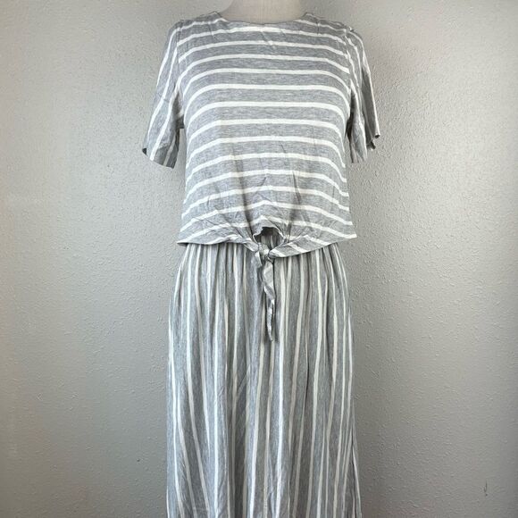 Honeysuckle Gray and White Striped Midi Dress Size M EUC - Picture 1 of 8